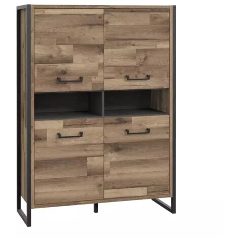 Vaisselier 4 portes 2 niches décor bois recyclé métal noir - APACHE (1/5)