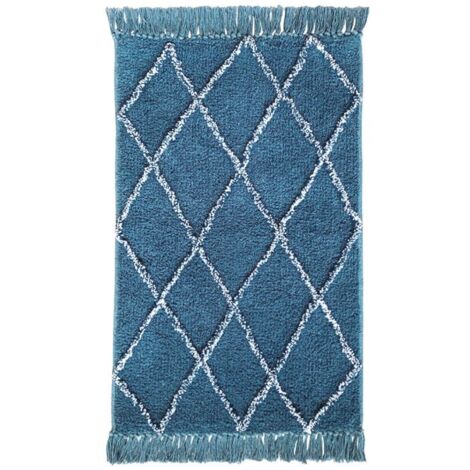 Tapis de bain 50 x 90 cm coton bleu style berbère à franges - FLUFFY (1/5)