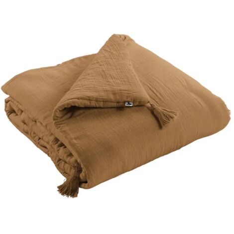 Édredon 90 x 200 cm en gaze de coton camel avec 4 pompons - PEPA