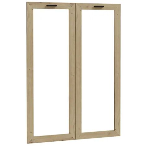 Lot de 2 portes vitrées pour bibliothèque MANOLO – Décor chêne rustique – Charnières soft close – Poignées métal noir – Meubletmoi (1/5)