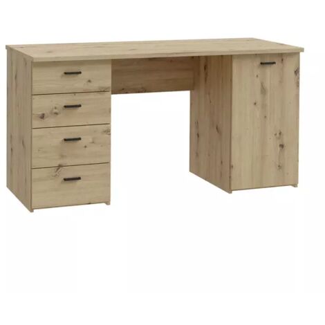 Bureau droit 145 cm décor chêne rustique 1 placard 4 tiroirs - MANOLO (1/5)
