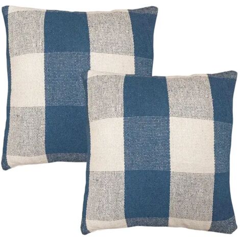 Lot 2 coussins carrés 40 x 40 cm coton brodé de carreaux bleu - ATLAS (1/5)