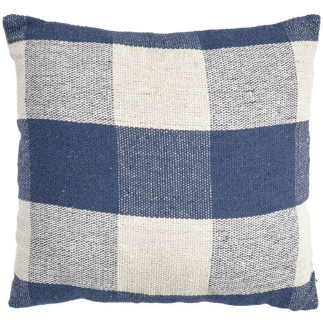 Coussin carré 40 x 40 cm coton brodé avec carreaux bleu – ATLAS (1/5)