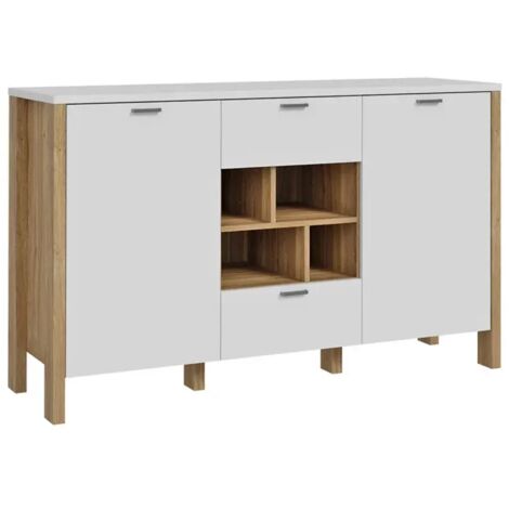 Buffet L. 141 cm décor gris clair / chêne et poignées métal - DEVONNE (1/5)