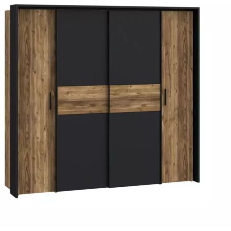 Grande armoire dressing 209 cm décor bois d'épicéa et noir mat - CELIA