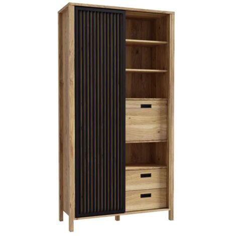 Vaisselier décor chêne H. 200 cm avec porte coulissante noire – 4 niches ouvertes – 3 tablettes fixes – Fabrication Europe – Meubletmoi