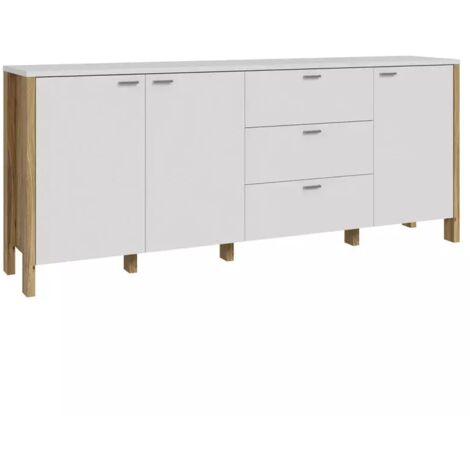 Buffet L. 208 cm décor gris clair / chêne et poignées métal - DEVONNE (1/5)