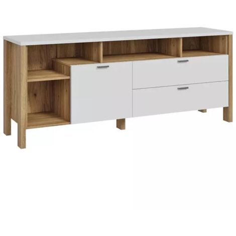 Meuble TV L. 162 cm avec décor gris clair et chêne - DEVONNE (1/5)