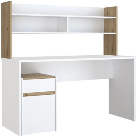 Bureau droit 140 cm blanc mat et décor bois de chêne – Surmeuble avec étagères modulables – Hauteur 132,7 cm – Design moderne – Meubletmoi (1/5)