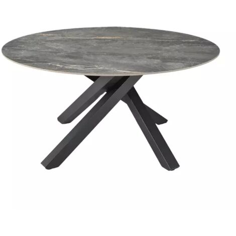 Table ronde extensible D.150 cm céramique gris marbré – Pieds métal noir – Jusqu'à 8 places – Hauteur 76 cm – Meubletmoi