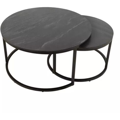 Tables basses gigognes rondes en céramique gris marbré – Structure métal – Résistance aux rayures – Dimensions 80x80cm et 60x60cm – Meubletmoi (1/5)