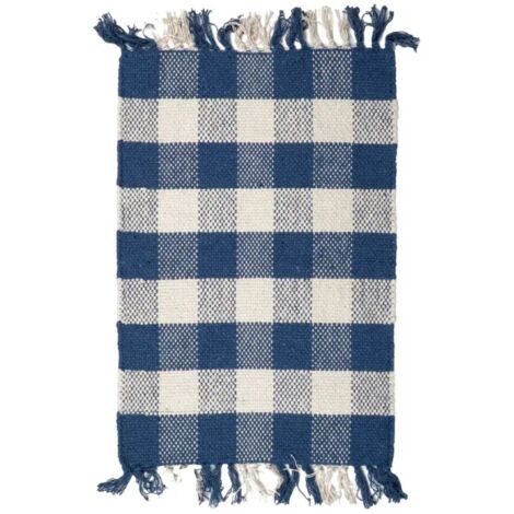 Tapis 40 x 60 cm coton brodé carreaux bleu et blanc et franges – ATLAS (1/5)