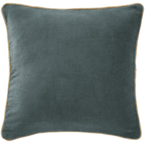 Coussin 45 x 45 cm velours de coton bleu canard et jute - MIRABEL (1/5)