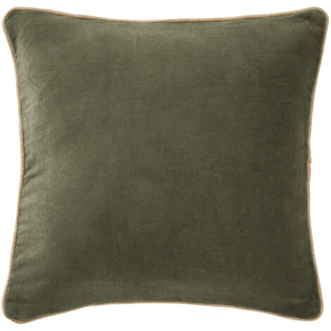 Coussin 45 x 45 cm velours de coton vert et jute - MIRABEL (1/5)