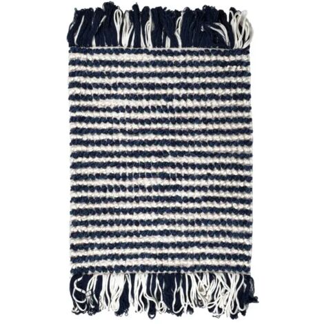 Tapis 60 x 80 cm texturé bleu marine et blanc avec franges – SOHO
