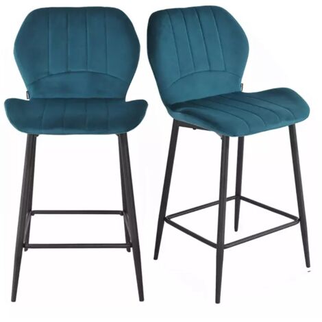 Lot 2 tabourets de bar velours bleu canard pieds métal noir - EMILIO 2 (1/5)