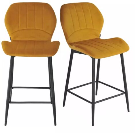 Lot 2 tabourets de bar en velours moutarde pieds métal noir - EMILIO 2 (1/5)