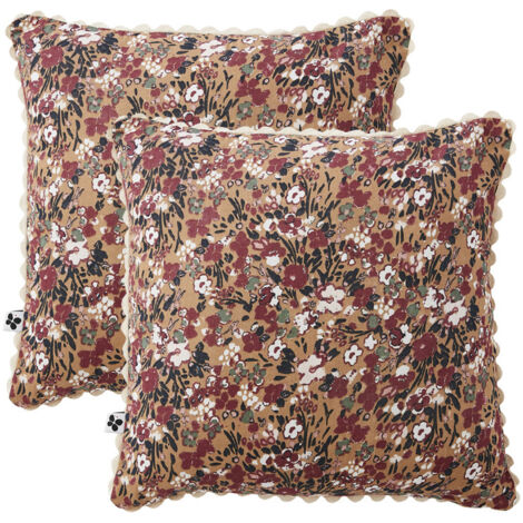 Lot 2 coussins 40 x 40 cm en gaze de coton camel et fleuri - ISABELA 1 (1/5)