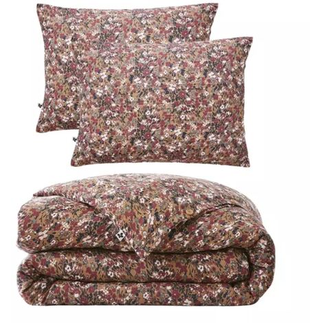 Parure de lit 240 x 220 cm gaze de coton camel et fleuri - ISABELA 1 (1/5)