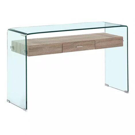 Console en verre trempé 125 cm avec tiroir décor chêne – Structure solide 12 mm – Design moderne pour salon ou bureau – Meubletmoi