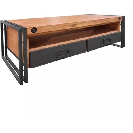 Table basse fixe 120 cm – Bois acacia massif et métal – 2 tiroirs et niche – Style industriel vintage – Meubletmoi (1/5)