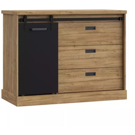 Commode 88 cm 3 tiroirs 1 porte décor bois de chêne et noir – FARM (1/5)