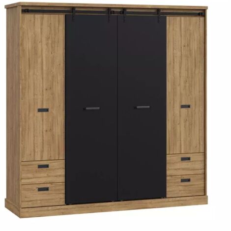 Armoire dressing 203 cm 4 portes coulissantes soft close – Décor chêne et noir – 5 étagères et 4 tiroirs – Design industriel moderne – Meubletmoi (1/5)