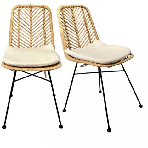 Lot 2 chaises en rotin naturel tressé et pieds métal noir – KANDY 2 (1/5)