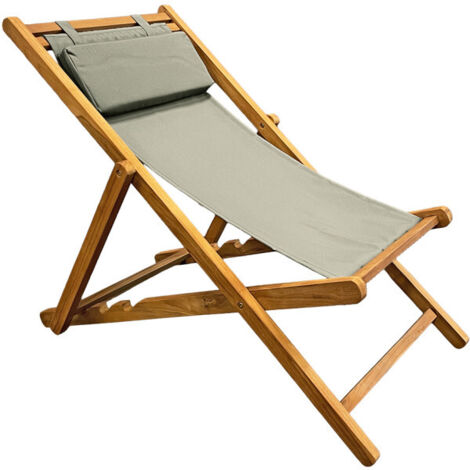 Chaise longue chilienne jardin en teck et toile vert sauge - ANCOLIE (1/5)