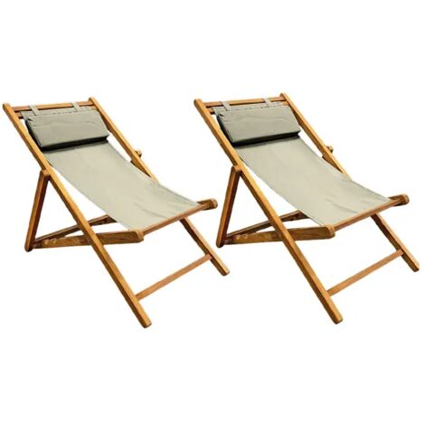 Lot 2 chaises longues chiliennes teck et toile vert sauge - ANCOLIE (1/5)