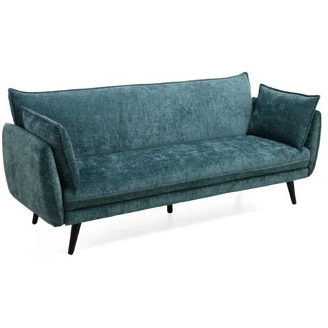 Canapé convertible en tissu doux bleu canard et pieds en bois - HUGUES (1/5)