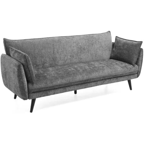 Canapé convertible en tissu doux gris et pieds en bois noir - HUGUES (1/5)
