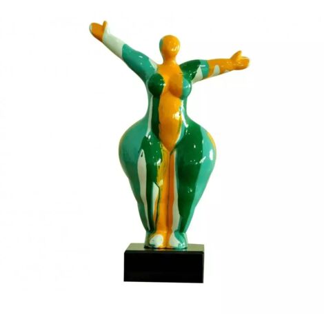 Statue femme bras levés coulures vert / orange H34 cm - LADY DRIPS 02