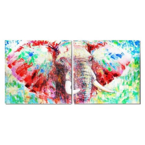 Diptyque tableaux peinture éléphant 80 x 80 cm coloré - SAUVAGE (1/3)
