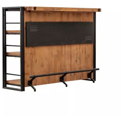 Bar industriel 140 cm en bois d'acacia massif et métal – Hauteur 105 cm – Profondeur 52 cm – Meuble bar contemporain WORKSHOP – Meubletmoi
