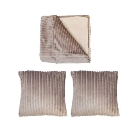 Plaid 125x166 cm et 2 coussins 40x40 cm marron glacé en velours côtelé doux – Doublure suédine – Entretien facile lavage 30° – Meubletmoi (1/3)