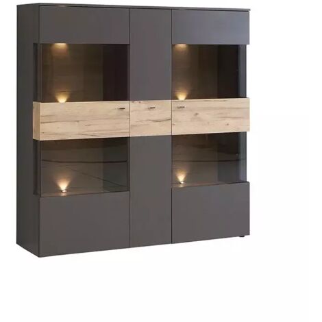 Armoire vitrine 150 cm 3 portes bois clair et gris – Éclairage LED intégré – Système soft-close – Fabrication européenne – Meubletmoi