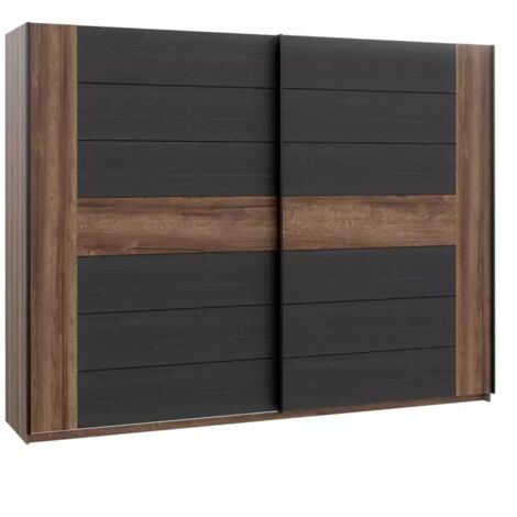 Armoire dressing 2 portes coulissantes décor chêne foncé et noir – Dimensions 269,9x209,7x61,2 cm – 2 étagères fixes et 3 tringles – Meubletmoi (1/5)
