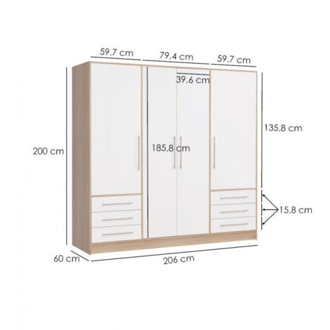 Armoire dressing 207 cm 4 portes blanc décor chêne clair - FARO