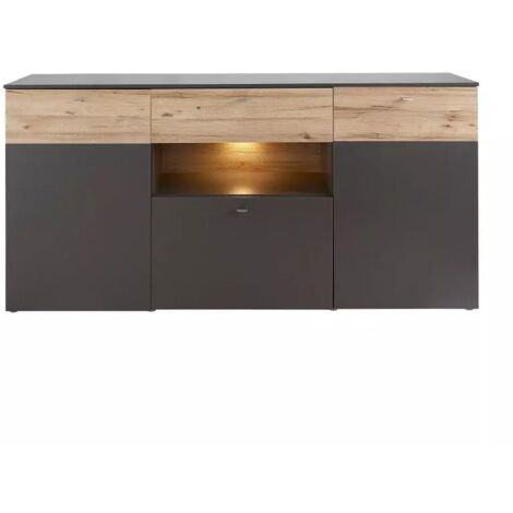 Buffet 195 cm 3 portes 3 tiroirs décor chêne clair et gris - MARBELLA (1/5)