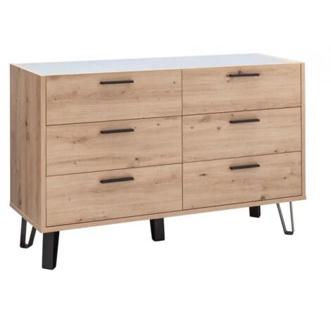Commode 6 tiroirs décor chêne clair pieds métal noir - MILOS (1/5)