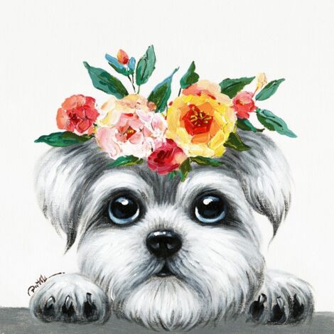 Tableau peinture Chien couronne de fleurs 50 x 50 cm - Doggy (1/2)