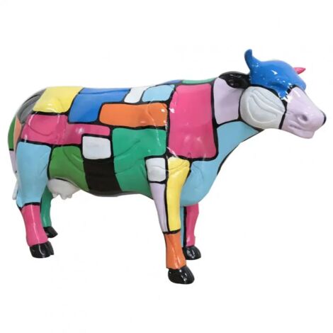 Statue vache multicolore en polyrésine H39 cm – Peinture artisanale – Décoration intérieure originale – Style Pop Art – Meubletmoi