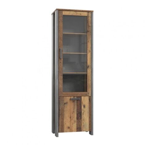 Vitrine 2 portes et 6 niches effet bois vieilli et béton gris - BUCK