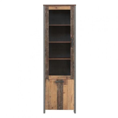 Vitrine 2 portes et 6 niches effet bois vieilli et béton gris - BUCK