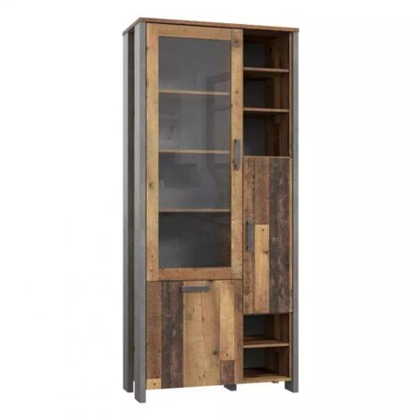 Vitrine 3 portes 14 niches effet bois vieilli et béton gris – Design moderne avec 1 porte en verre et 5 compartiments ouverts – Dimensions 205x92x42cm – Meubletmoi