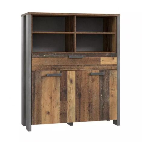 Commode 2 portes et 1 tiroir effet bois vieilli et béton gris - BUCK (1/5)
