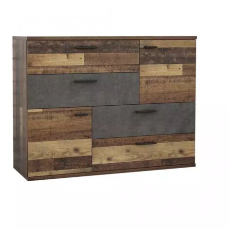Commode vintage 2 portes 4 tiroirs décor bois vieilli et béton gris – Dimensions 124,9x95,9x41,3cm – Glissières métal avec roulements – Meubletmoi (1/5)