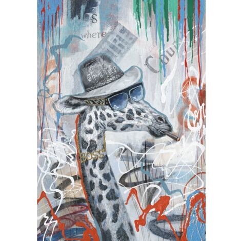 Tableau peinture girafe qui fume 100 x 70 cm style Urbain - The Boss (1/2)