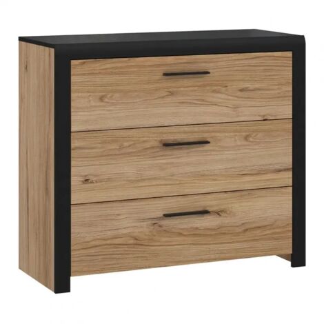Commode 100 cm 3 tiroirs décor bois de chêne et noir - KAMILA (1/5)